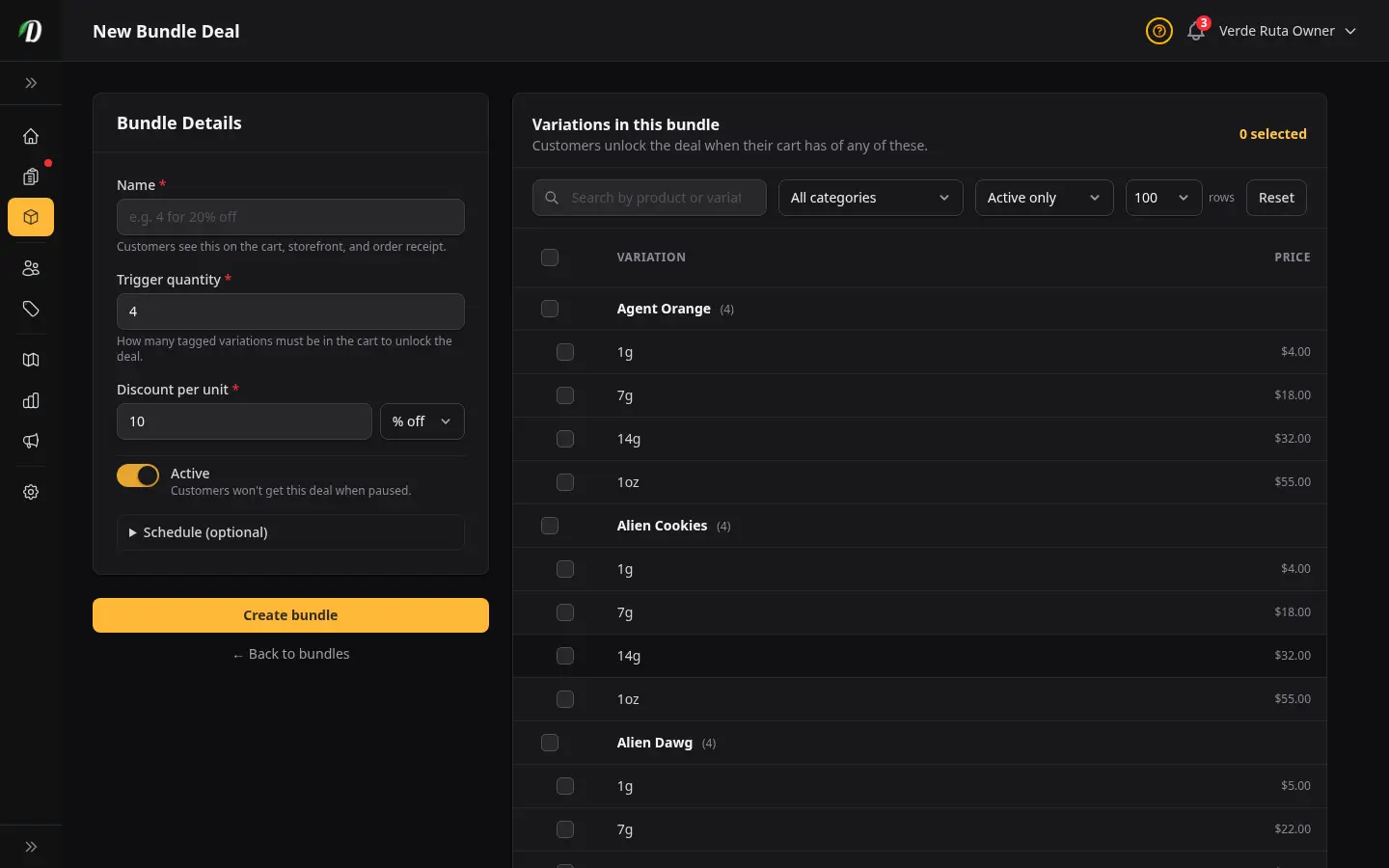 Formulario de nuevo paquete de DabDash mostrando nombre, cantidad de activación, descuento y selector de variaciones
