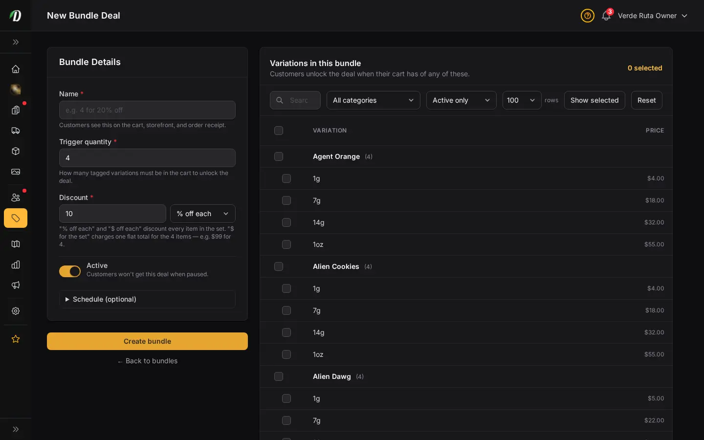 Formulario de nuevo paquete de DabDash mostrando nombre, cantidad de activación, descuento y selector de variaciones