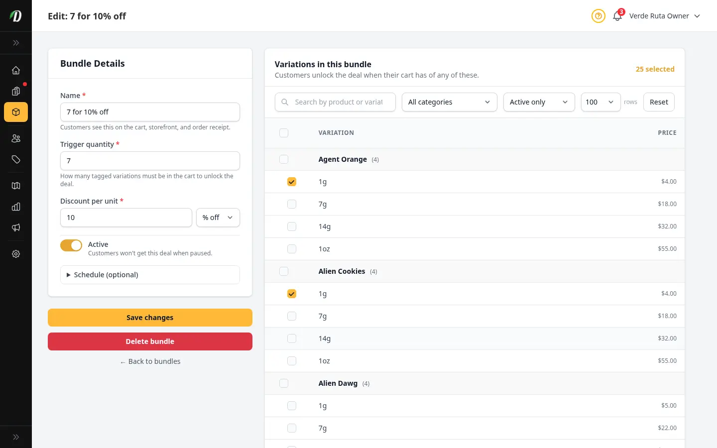 Página de edición de paquete de DabDash mostrando la configuración existente pre-rellenada con nombre, cantidad de activación, tipo y valor del descuento, y variantes seleccionadas