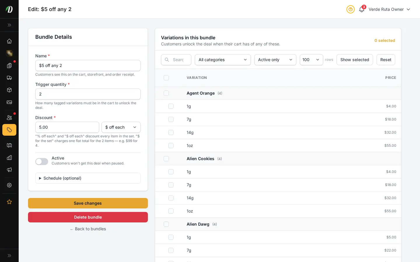 Editor de paquetes de DabDash mostrando configuración guardada del paquete y variaciones adjuntas listas para actualizar