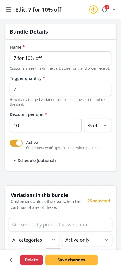 Editor de paquetes de DabDash mostrando configuración guardada del paquete y variaciones adjuntas listas para actualizar — vista móvil