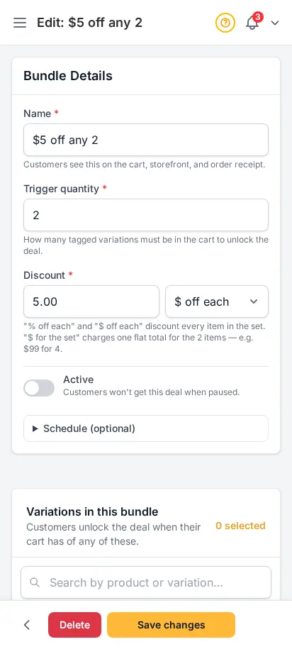 Editor de paquetes de DabDash mostrando configuración guardada del paquete y variaciones adjuntas listas para actualizar — vista móvil
