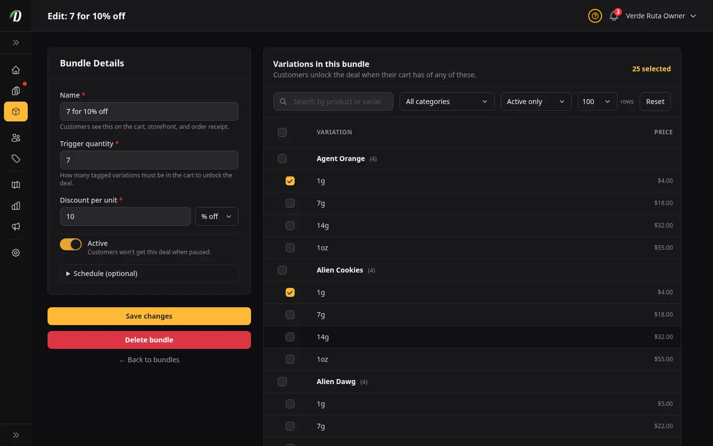 Editor de paquetes de DabDash mostrando configuración guardada del paquete y variaciones adjuntas listas para actualizar