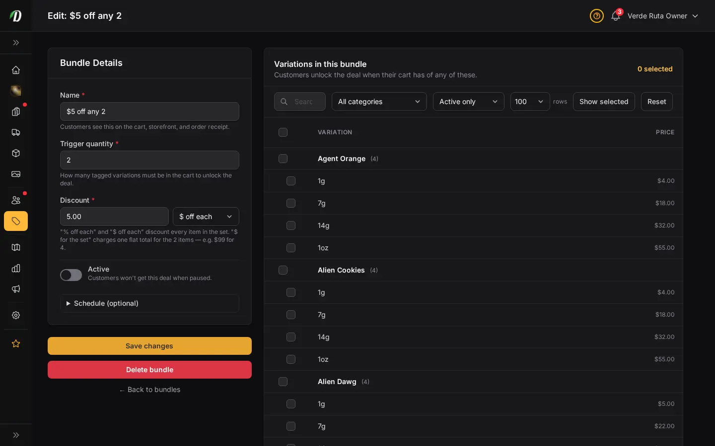 Editor de paquetes de DabDash mostrando configuración guardada del paquete y variaciones adjuntas listas para actualizar