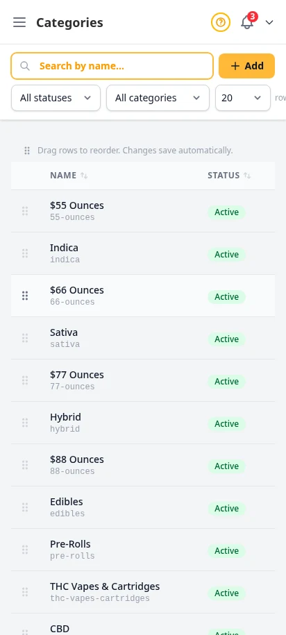 DabDash categories page showing category cards with images and product counts — mobile view