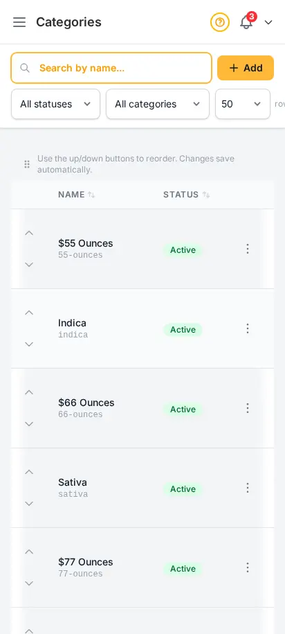 Página de categorías de DabDash mostrando tarjetas de categoría con imágenes y recuentos de productos — vista móvil