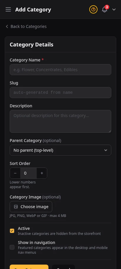 DabDash add category form showing name, slug, description, and image upload fields — mobile view