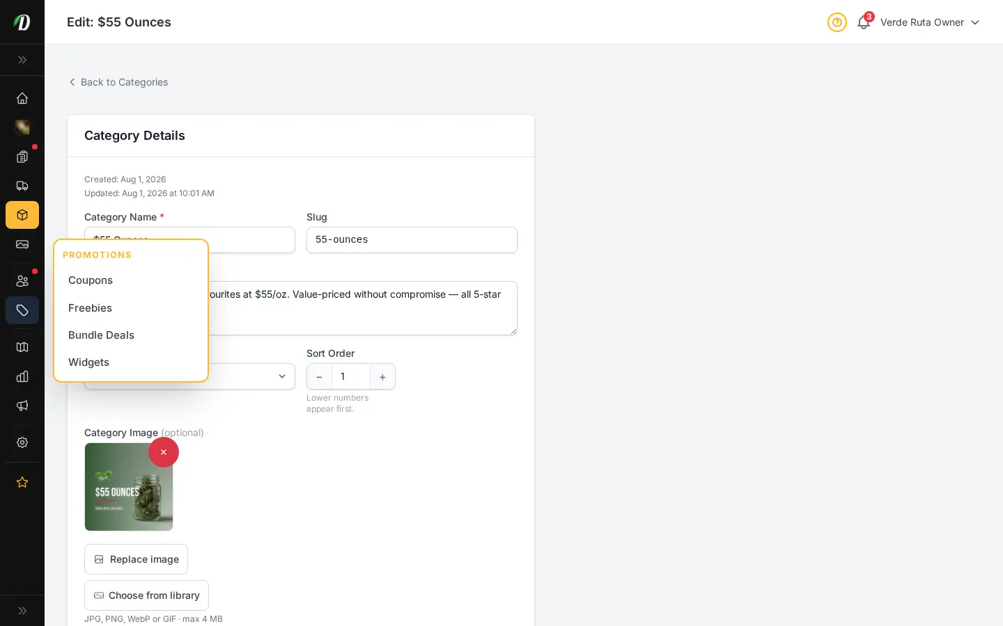 Editor de categorías de DabDash mostrando detalles guardados, imagen y configuración de visualización
