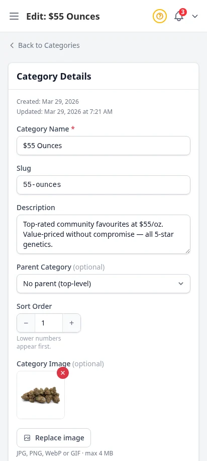 DabDash category editor showing saved category details, image, and display settings — mobile view