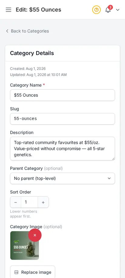 Editor de categorías de DabDash mostrando detalles guardados, imagen y configuración de visualización — vista móvil
