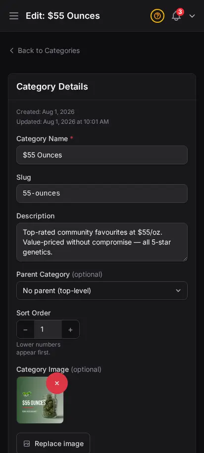 Editor de categorías de DabDash mostrando detalles guardados, imagen y configuración de visualización — vista móvil