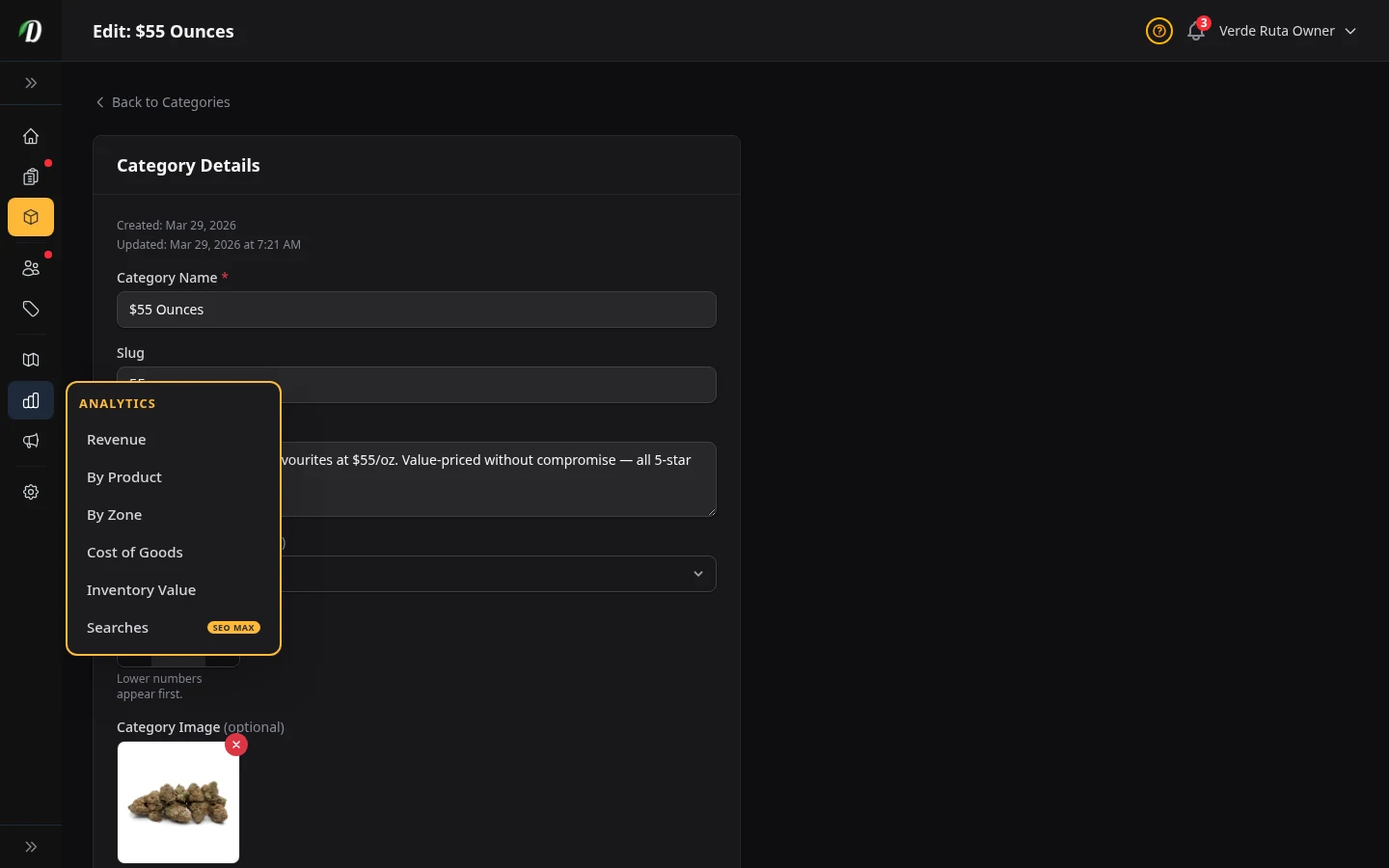 DabDash category editor showing saved category details, image, and display settings