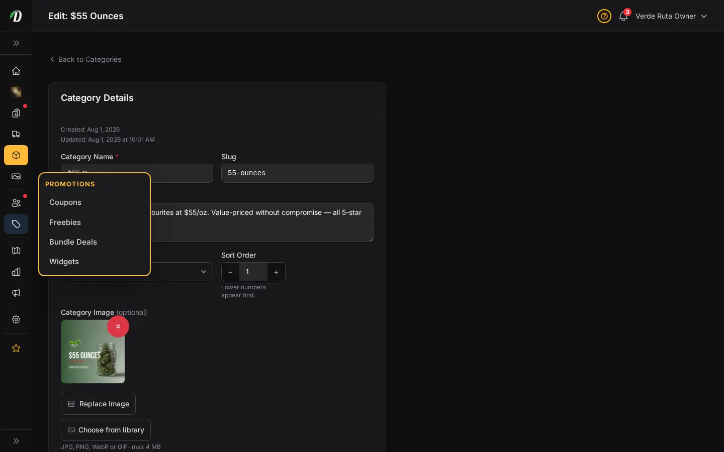 Editor de categorías de DabDash mostrando detalles guardados, imagen y configuración de visualización