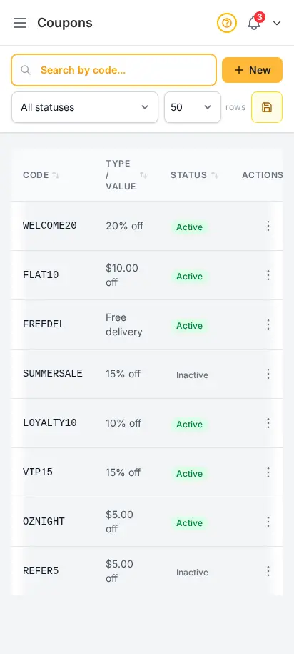 Página de cupones de DabDash mostrando códigos de descuento activos, tipos de descuento, límites y totales de uso — vista móvil