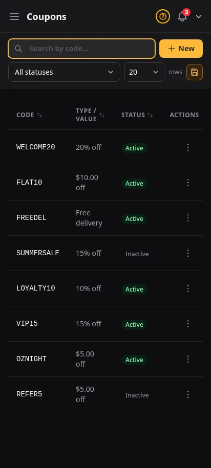 DabDash coupons page showing active discount codes, discount types, limits, and usage totals — mobile view