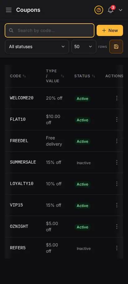 Página de cupones de DabDash mostrando códigos de descuento activos, tipos de descuento, límites y totales de uso — vista móvil