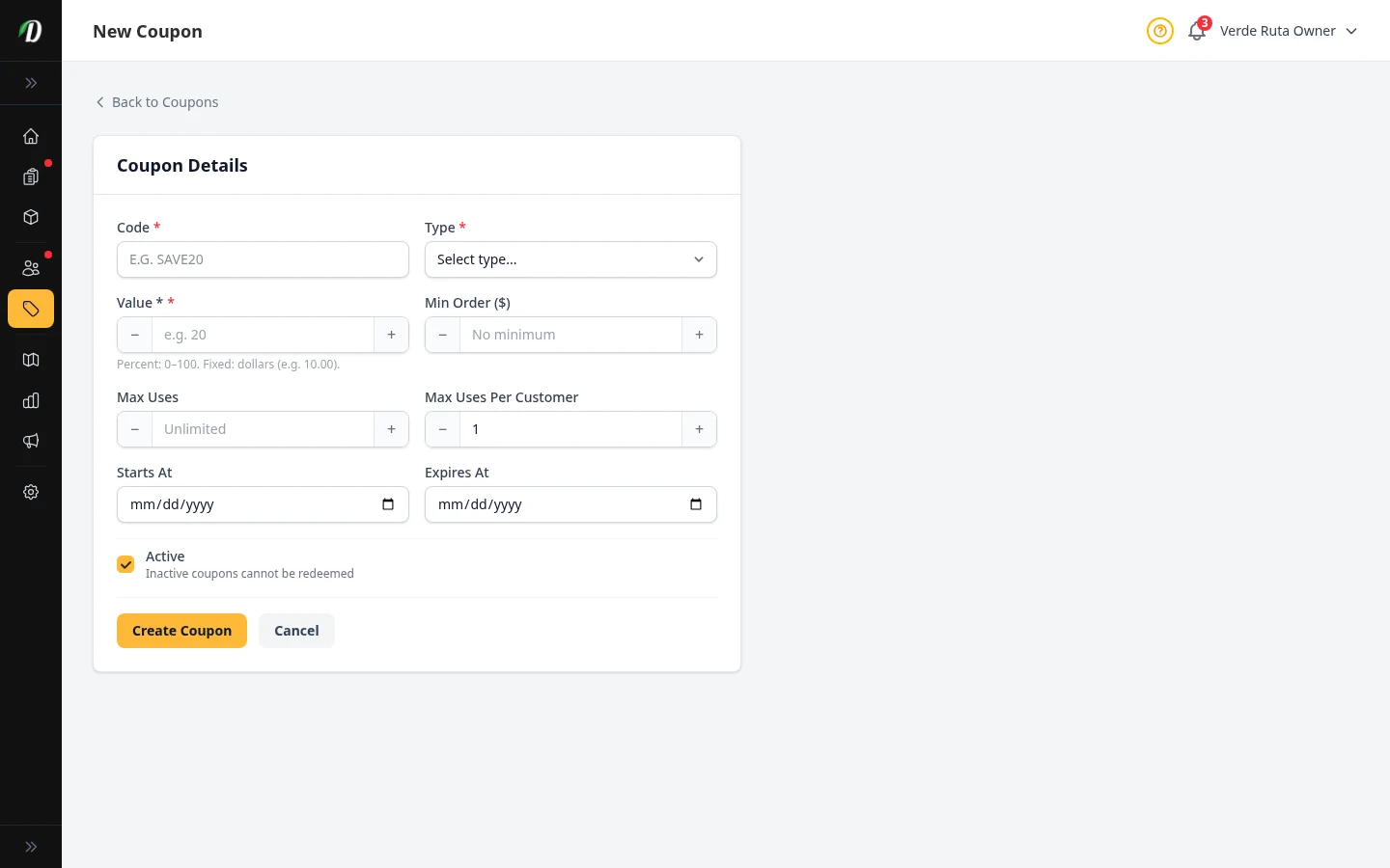 DabDash add coupon form showing code, discount type, limits, dates, and rules