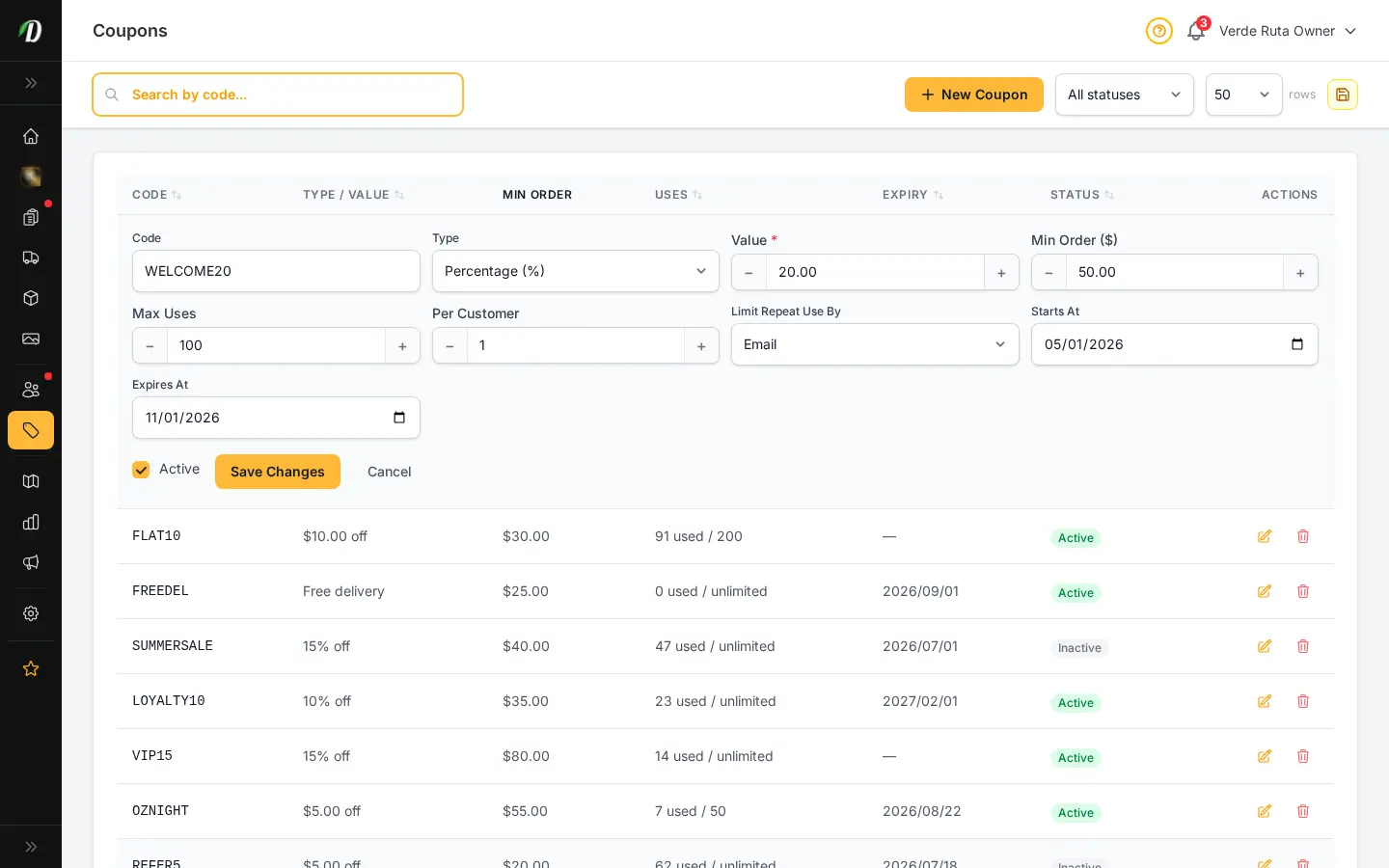 Editor de cupones de DabDash mostrando configuración de descuento guardada lista para actualizar
