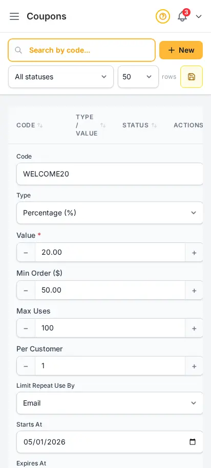Editor de cupones de DabDash mostrando configuración de descuento guardada lista para actualizar — vista móvil