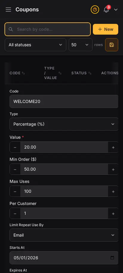Editor de cupones de DabDash mostrando configuración de descuento guardada lista para actualizar — vista móvil