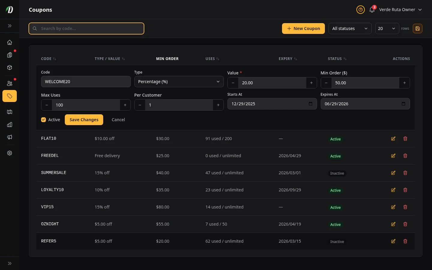 DabDash coupon editor showing saved discount settings ready to update