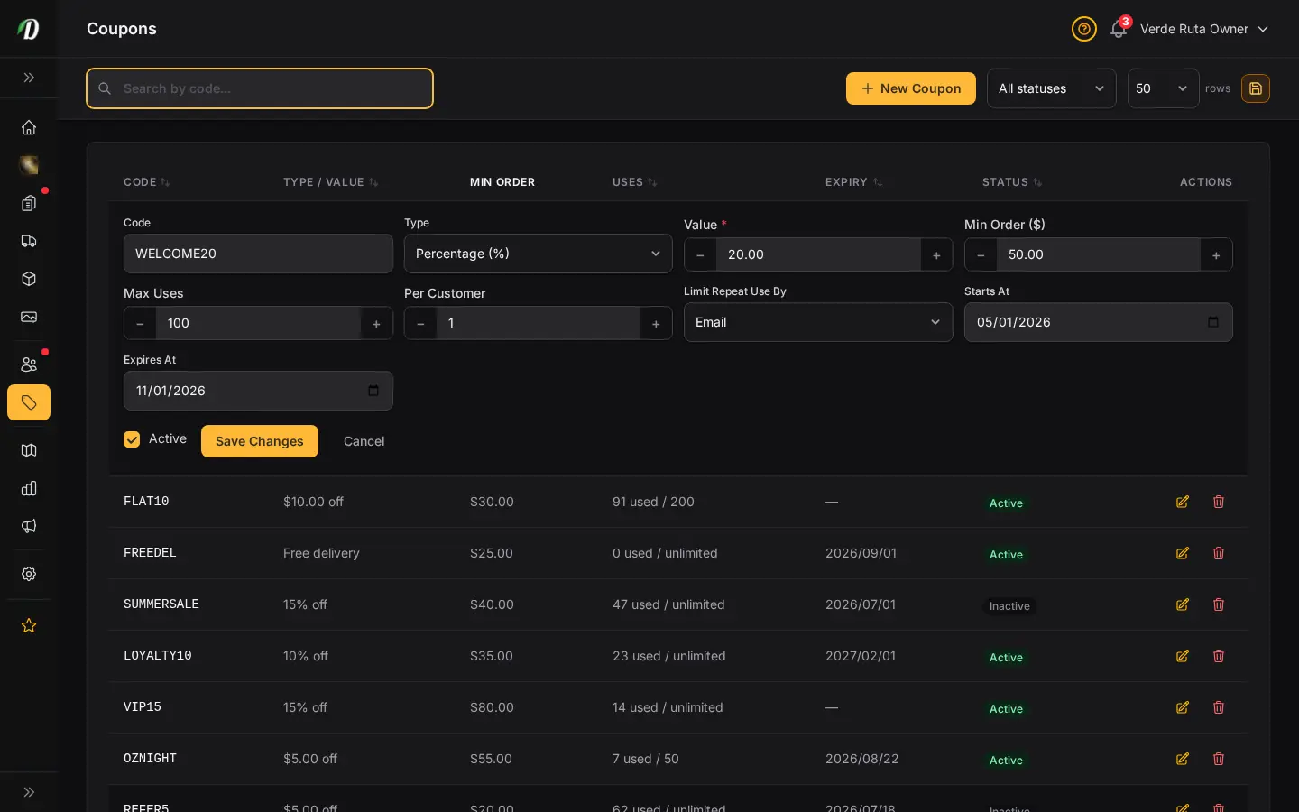 Editor de cupones de DabDash mostrando configuración de descuento guardada lista para actualizar