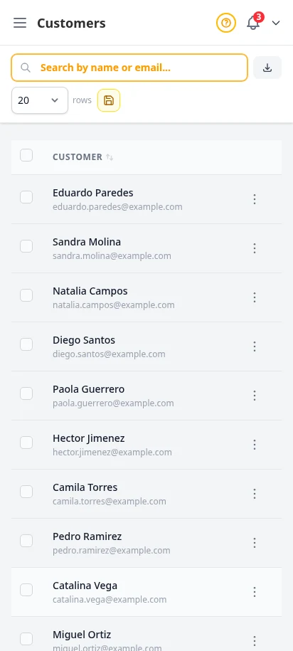 DabDash customer directory showing order counts, total spend, and loyalty balances — mobile view