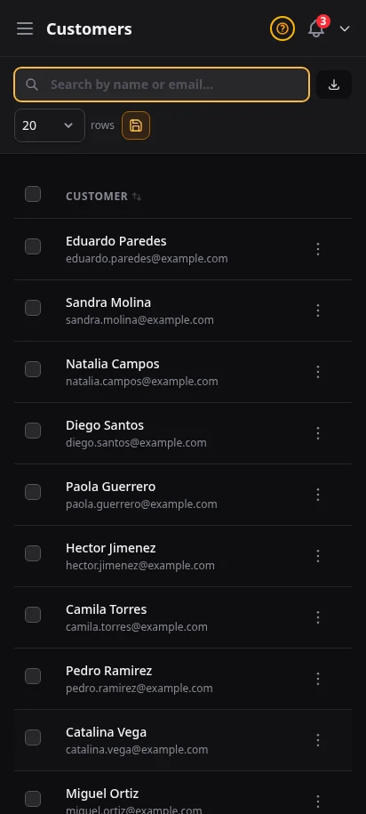 DabDash customer directory showing order counts, total spend, and loyalty balances — mobile view