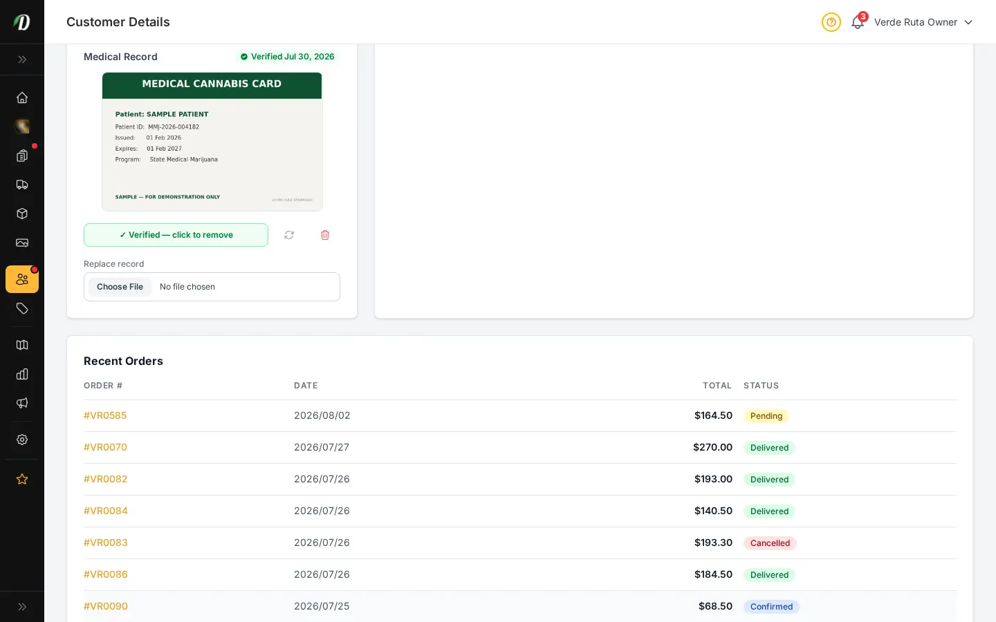 Perfil de cliente de DabDash mostrando un registro médico subido, su estado verificado y controles para verificar, rotar, reemplazar o eliminarlo