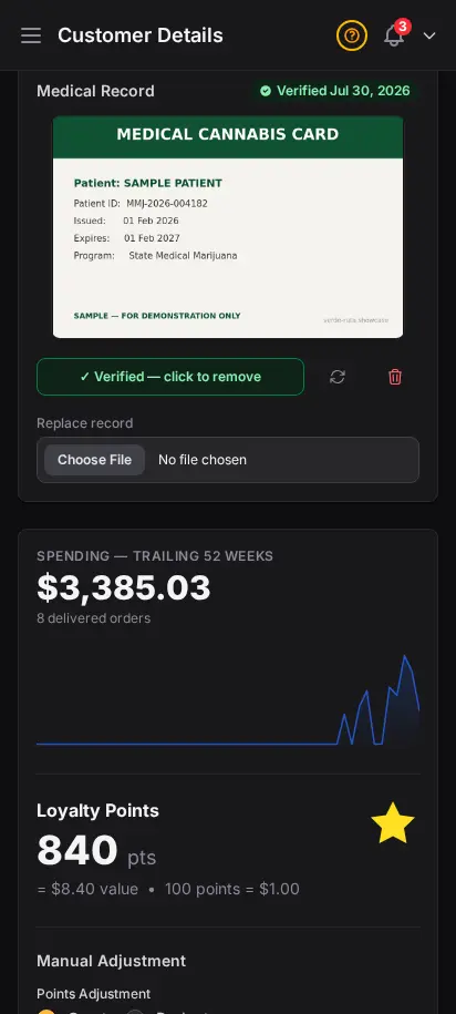 Perfil de cliente de DabDash mostrando un registro médico subido, su estado verificado y controles para verificar, rotar, reemplazar o eliminarlo — vista móvil