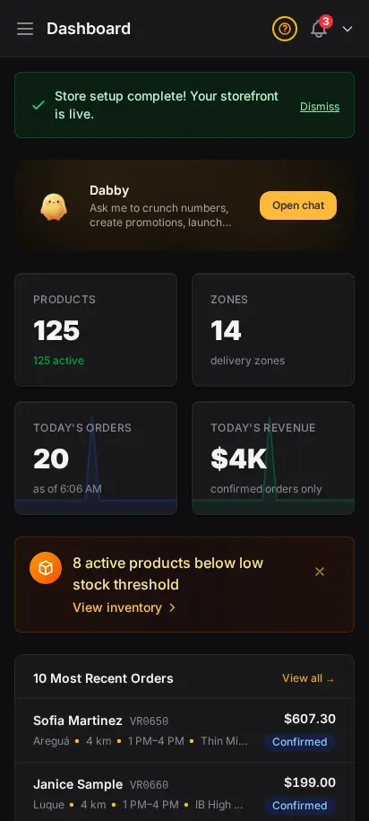 Panel de DabDash mostrando el progreso de configuración de la tienda, totales de productos, zonas, pedidos del día, ingresos y actividad reciente — vista móvil