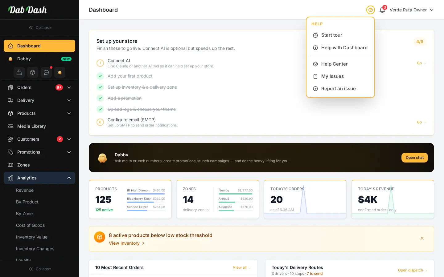 Panel de DabDash mostrando los accesos rápidos de ayuda y la navegación principal abierta
