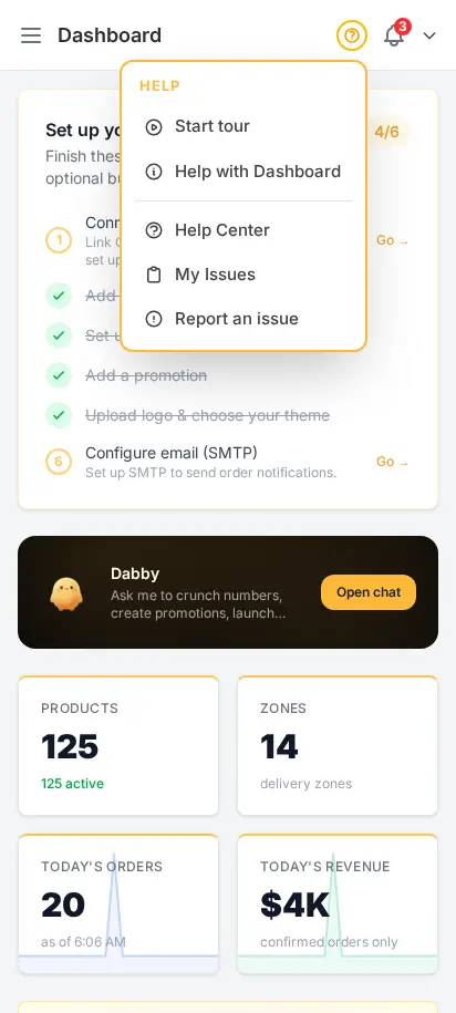 Panel de DabDash mostrando los accesos rápidos de ayuda y la navegación principal abierta — vista móvil
