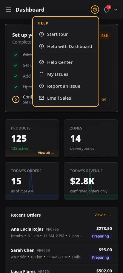 DabDash dashboard showing quick help links and the main navigation open — mobile view