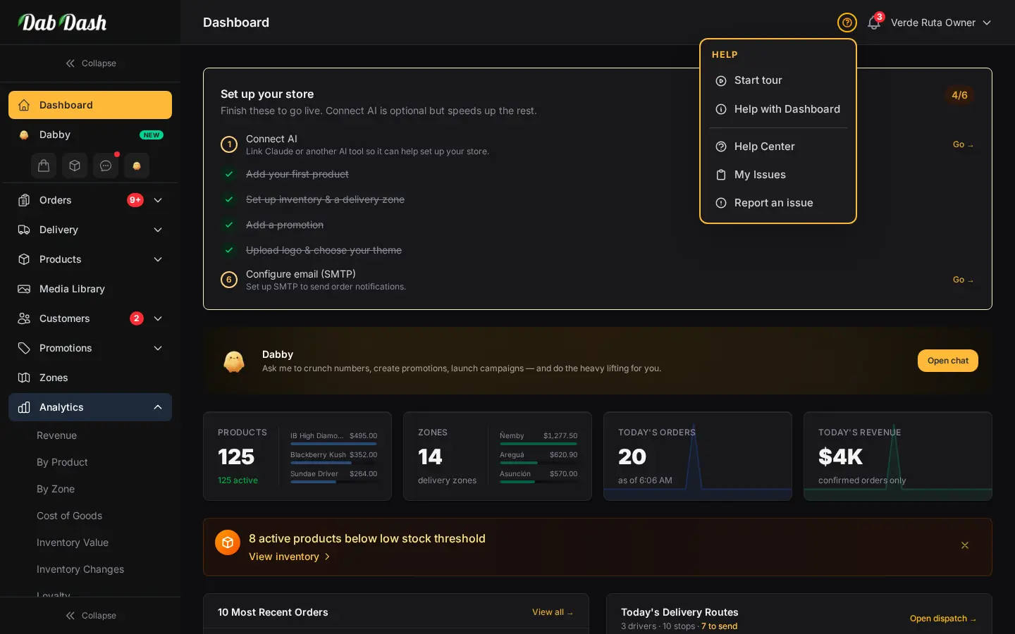 Panel de DabDash mostrando los accesos rápidos de ayuda y la navegación principal abierta