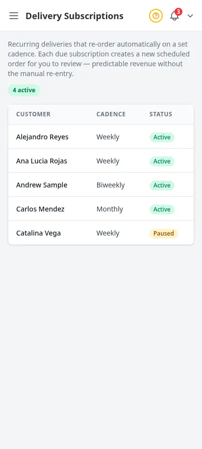 Página de suscripciones de entrega de DabDash listando entregas recurrentes con cliente, frecuencia, próxima fecha de entrega, ventana horaria y estado — vista móvil