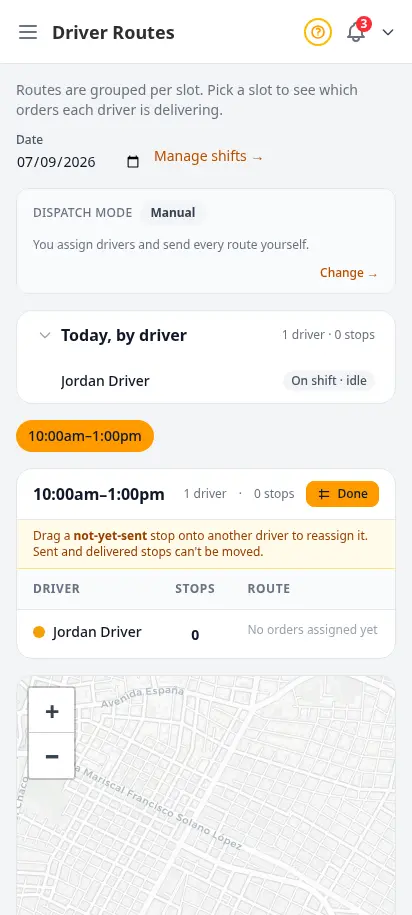 Página de rutas de repartidores de DabDash en Modo Mapa con paradas arrastrables para reequilibrar entregas entre repartidores — vista móvil