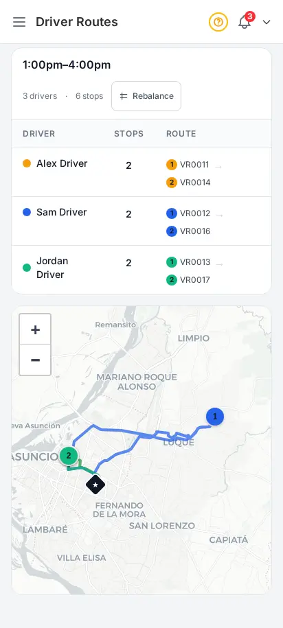 Página de rutas de repartidores de DabDash en Modo Mapa con paradas arrastrables para reequilibrar entregas entre repartidores — vista móvil