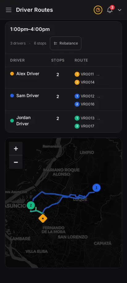 Página de rutas de repartidores de DabDash en Modo Mapa con paradas arrastrables para reequilibrar entregas entre repartidores — vista móvil