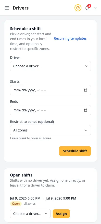 Página de repartidores de DabDash mostrando un formulario para programar turnos y una lista de repartidores con sus próximos turnos — vista móvil