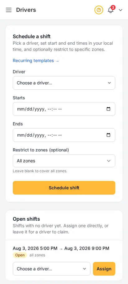 Página de repartidores de DabDash mostrando un formulario para programar turnos y una lista de repartidores con sus próximos turnos — vista móvil