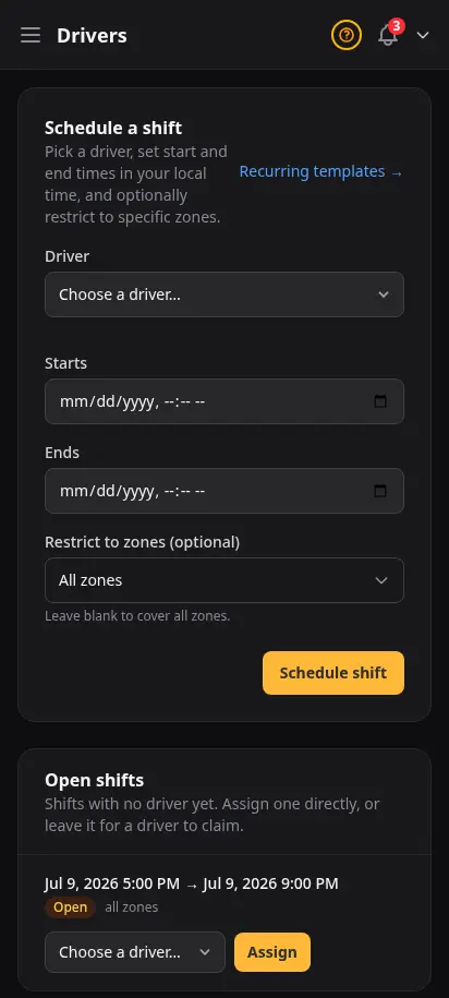 Página de repartidores de DabDash mostrando un formulario para programar turnos y una lista de repartidores con sus próximos turnos — vista móvil