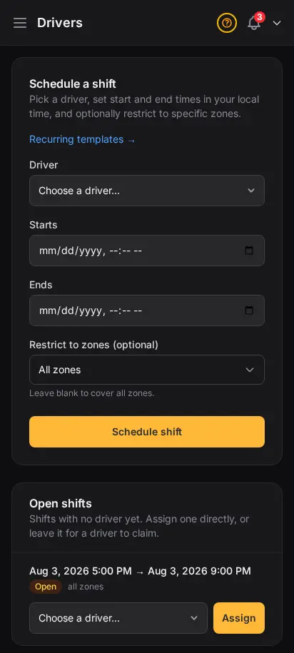 Página de repartidores de DabDash mostrando un formulario para programar turnos y una lista de repartidores con sus próximos turnos — vista móvil