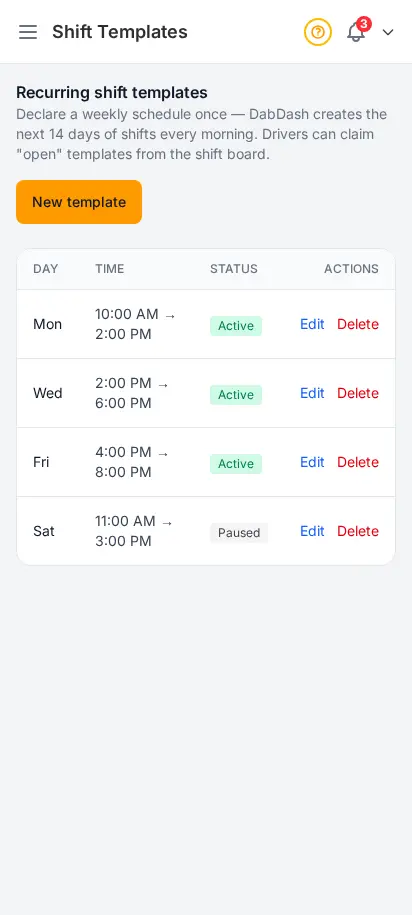 Página de plantillas de turnos recurrentes de DabDash mostrando turnos semanales con día, hora, repartidor asignado, capacidad, zonas y estado activo o pausado — vista móvil