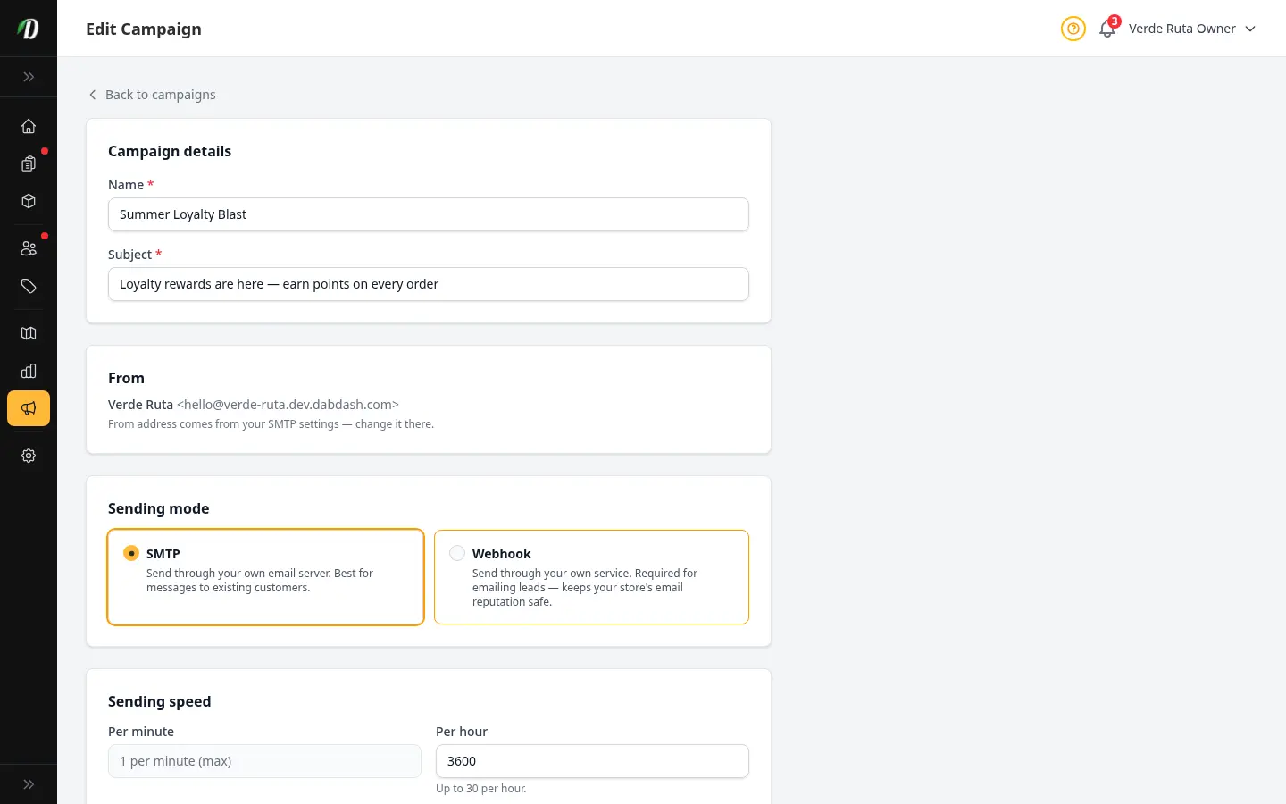 Editor de campaña de DabDash mostrando una campaña en borrador con asunto, cuerpo, configuración de entrega y opciones de envío