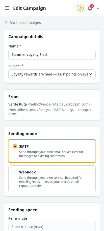 Editor de campaña de DabDash mostrando una campaña en borrador con asunto, cuerpo, configuración de entrega y opciones de envío — vista móvil