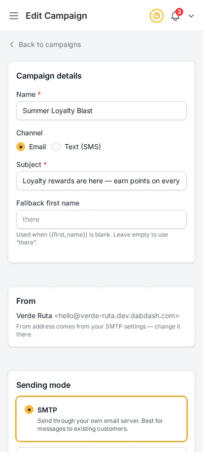 Editor de campaña de DabDash mostrando una campaña en borrador con asunto, cuerpo, configuración de entrega y opciones de envío — vista móvil