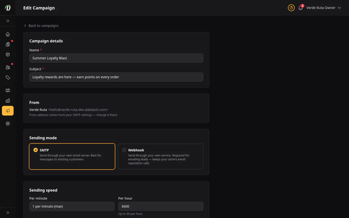 Editor de campaña de DabDash mostrando una campaña en borrador con asunto, cuerpo, configuración de entrega y opciones de envío