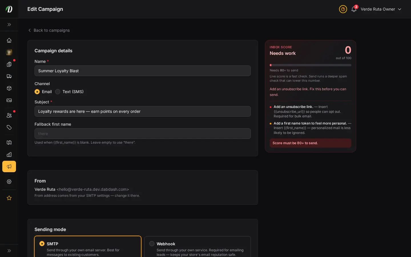 Editor de campaña de DabDash mostrando una campaña en borrador con asunto, cuerpo, configuración de entrega y opciones de envío
