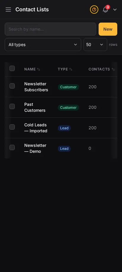 Página de listas de contactos de DabDash mostrando listas de socios, recuentos de contactos y controles de importación